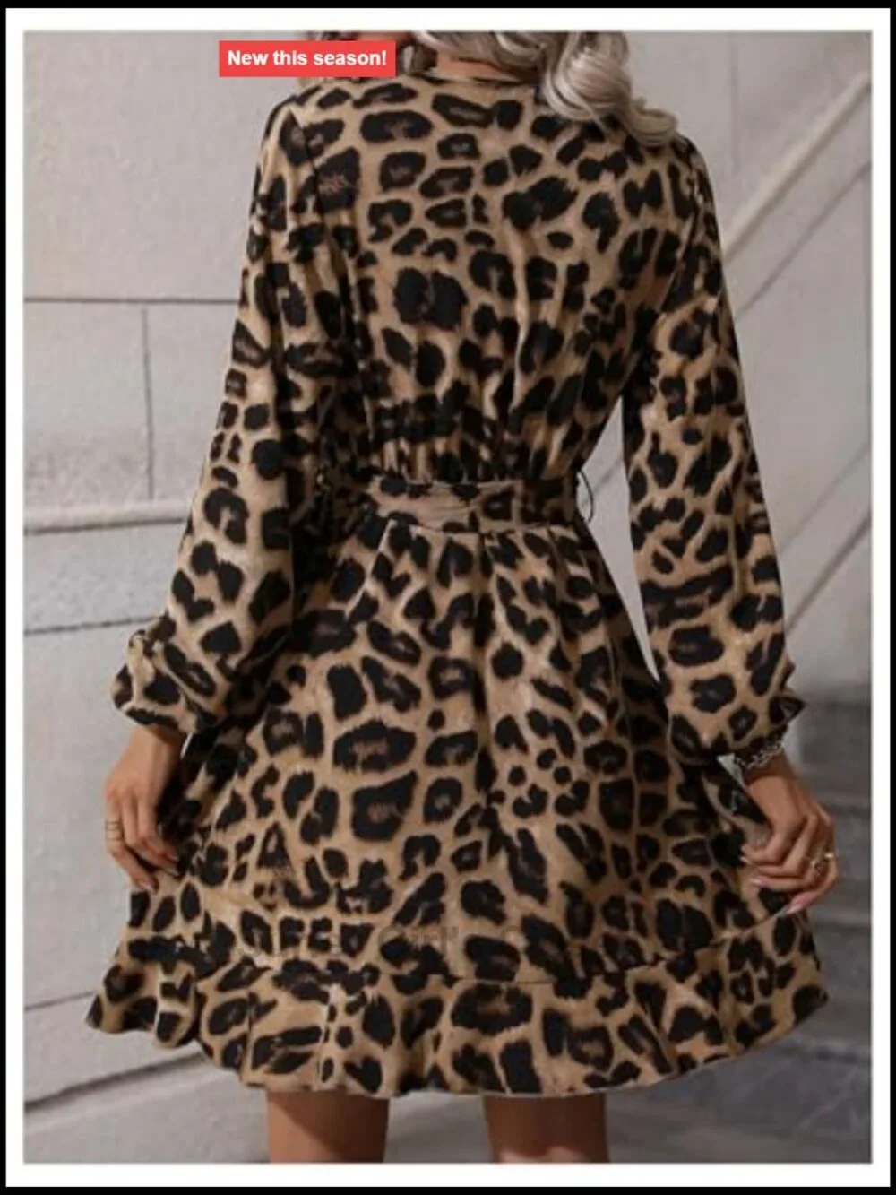 Leopard Print Wrap V Neck Belted Ruffle A Line Dress Long Sleeve